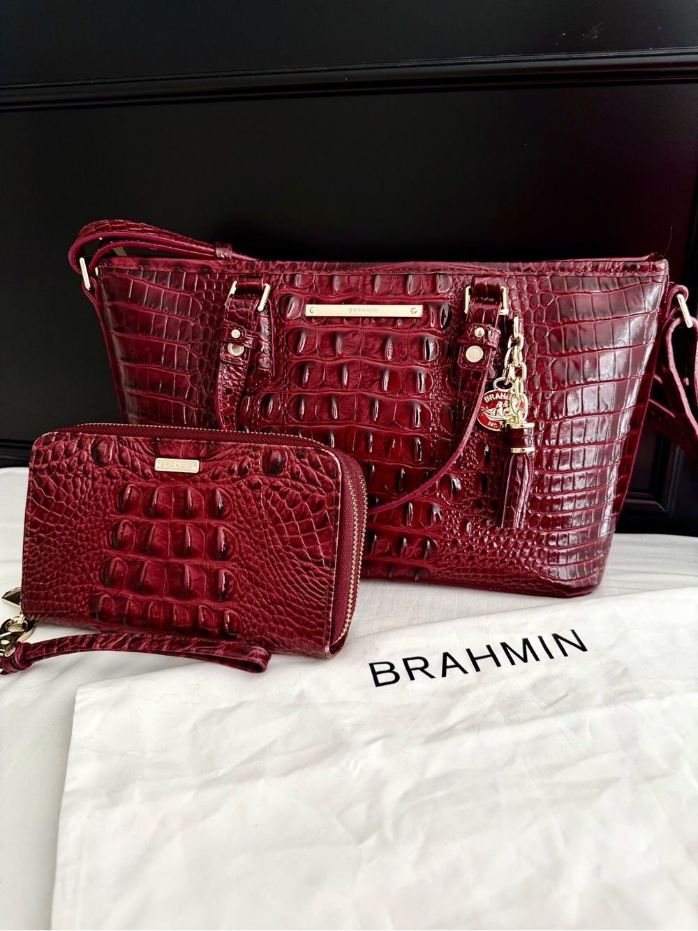Brahmin Croco-Embossed Asher Tote and Suri Zip Around Wallet with Dusty in Ruby